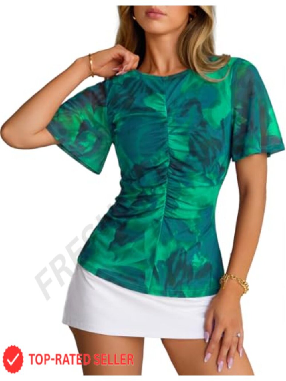Mesh Floral Ruffle Sleeve Ruched Blouse Boho Going Out Top